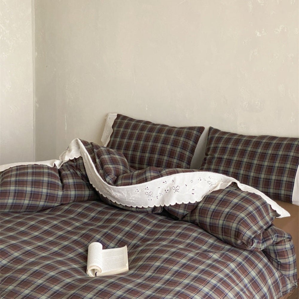 June Lace Double Gauze Gingham Bedding Set / Green