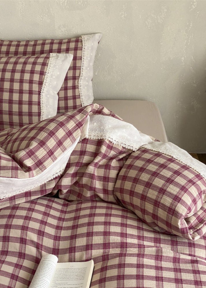 June Lace Double Gauze Gingham Bedding Set / Blue