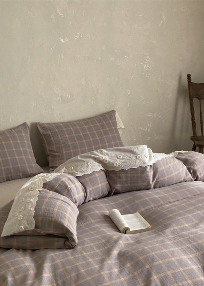 June Lace Double Gauze Gingham Bedding Set / Green