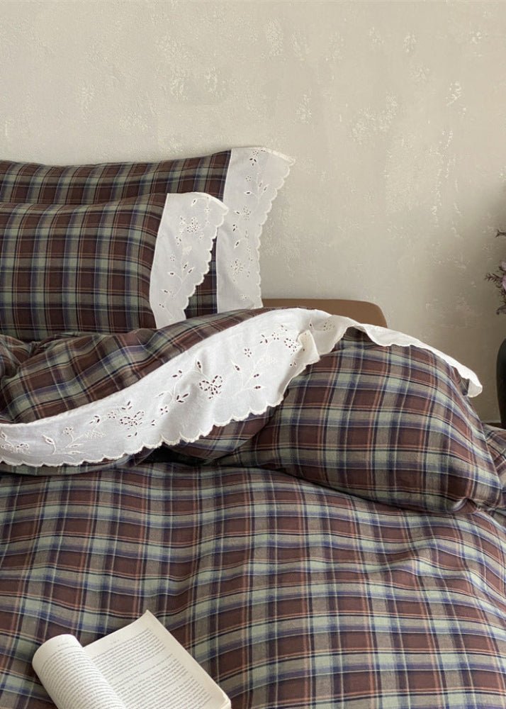 June Lace Double Gauze Gingham Bedding Set / Green