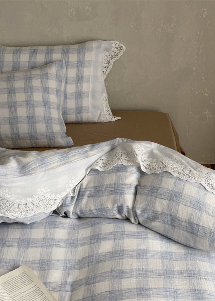 June Lace Double Gauze Gingham Bedding Set / Blue