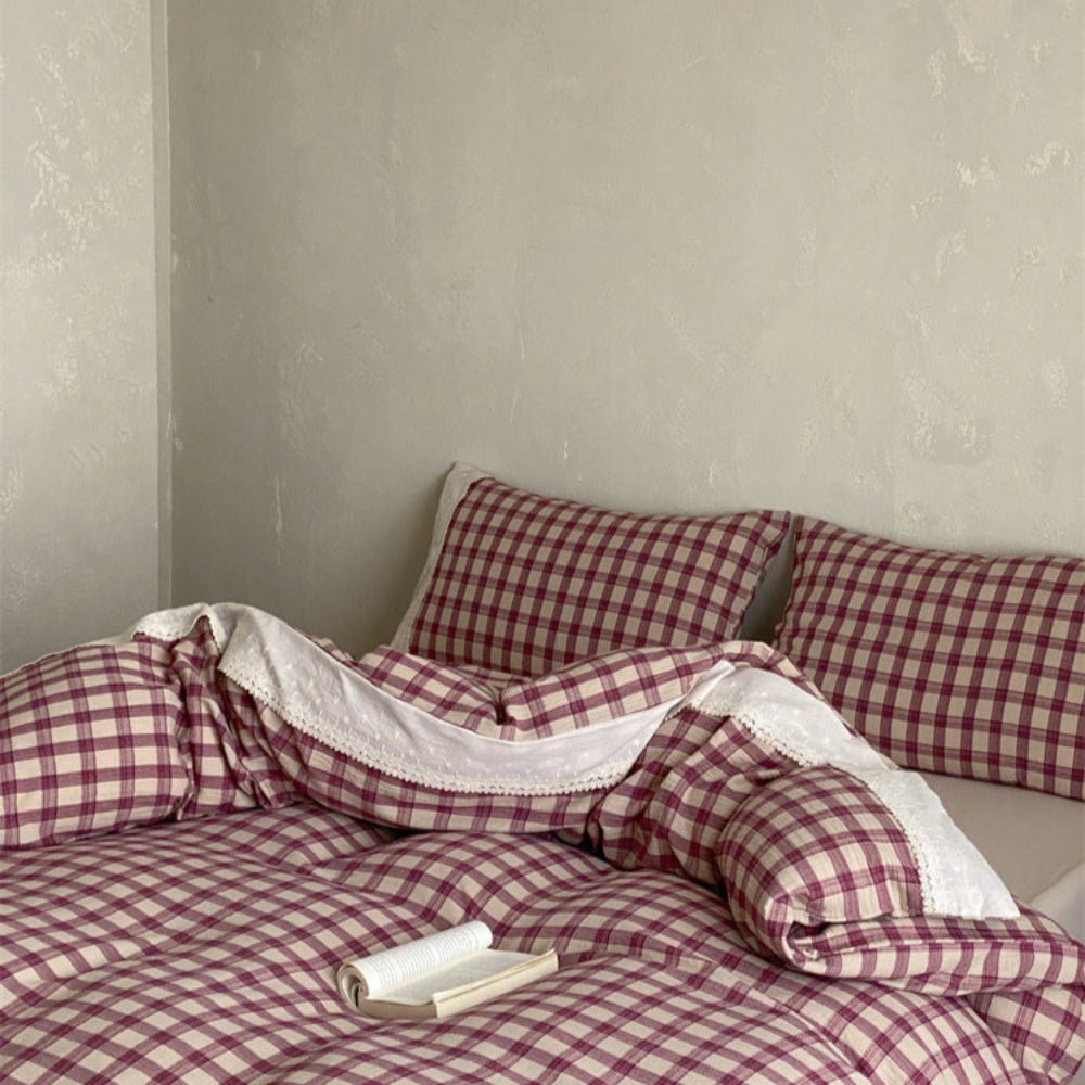 June Lace Double Gauze Gingham Bedding Set / Green