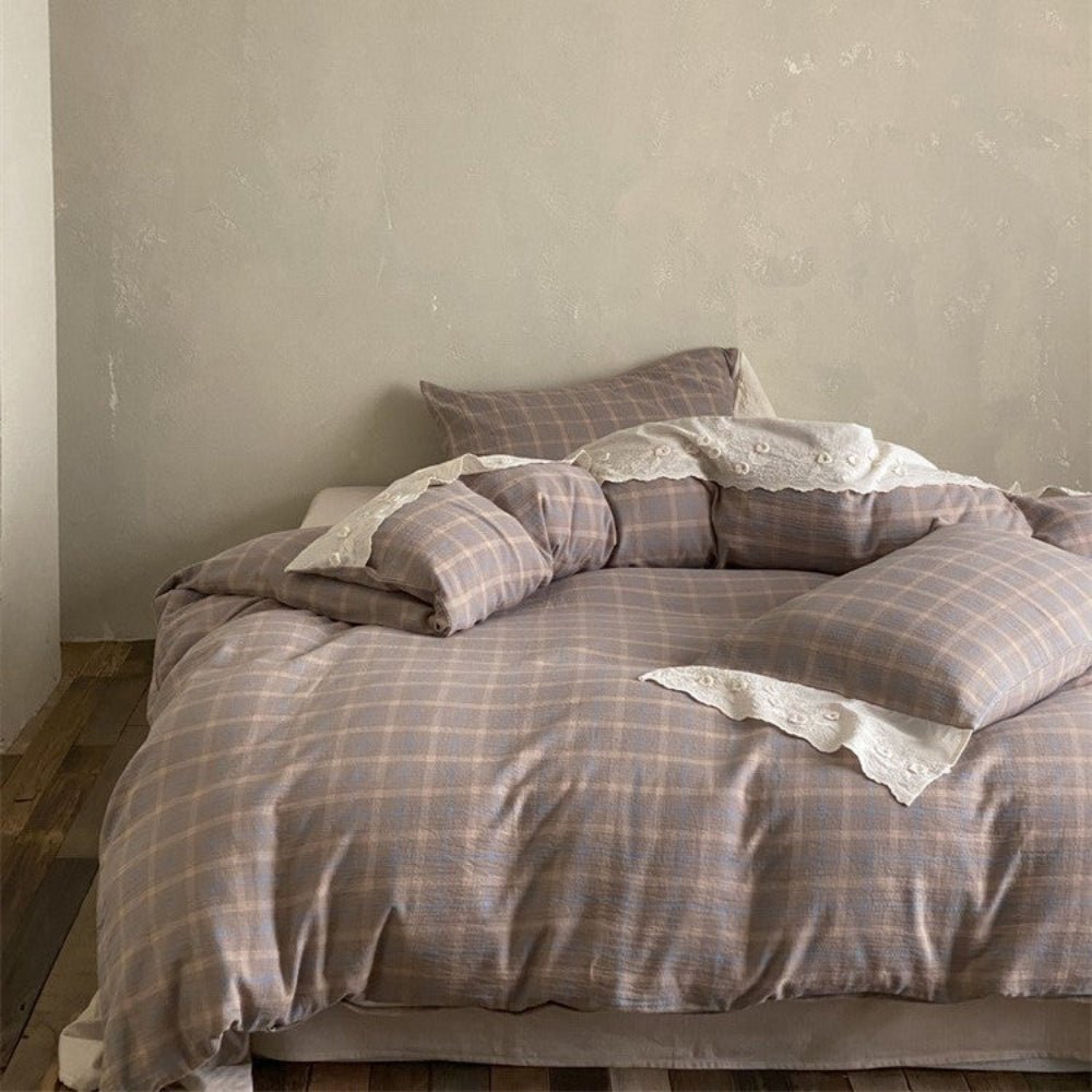 June Lace Double Gauze Gingham Bedding Set / Blue