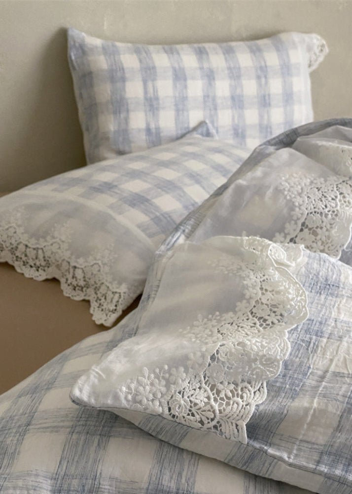 June Lace Double Gauze Gingham Bedding Set / Blue