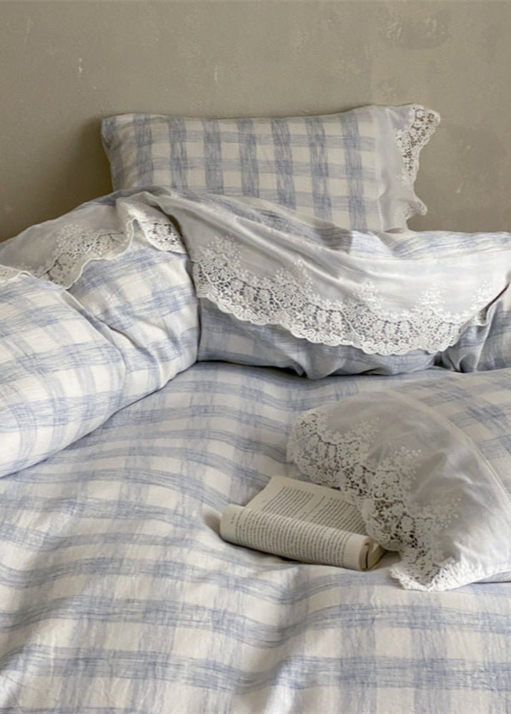 June Lace Double Gauze Gingham Bedding Set / Blue
