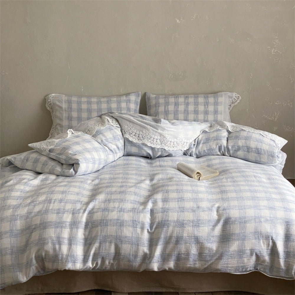 June Lace Double Gauze Gingham Bedding Set / Blue
