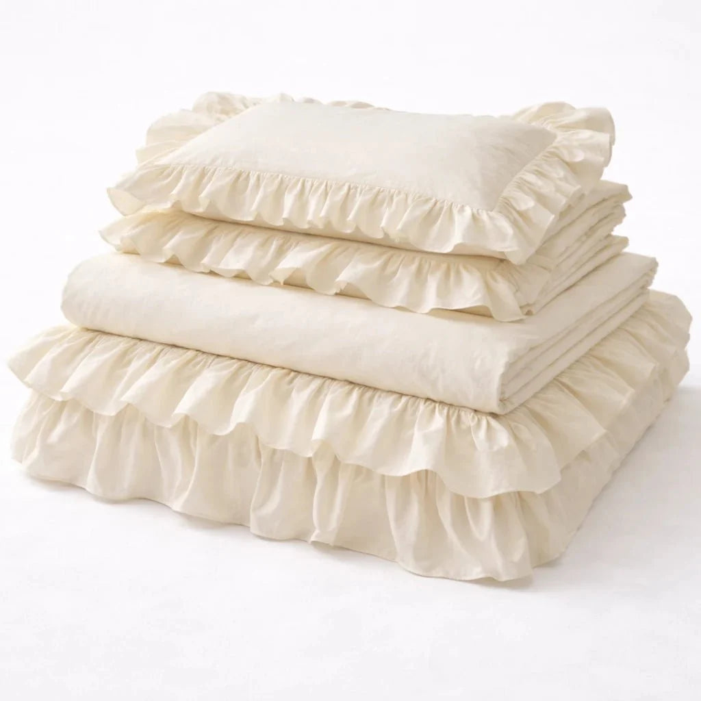 Lacey Lace Ruffle Washed Cotton Bedding Set / White