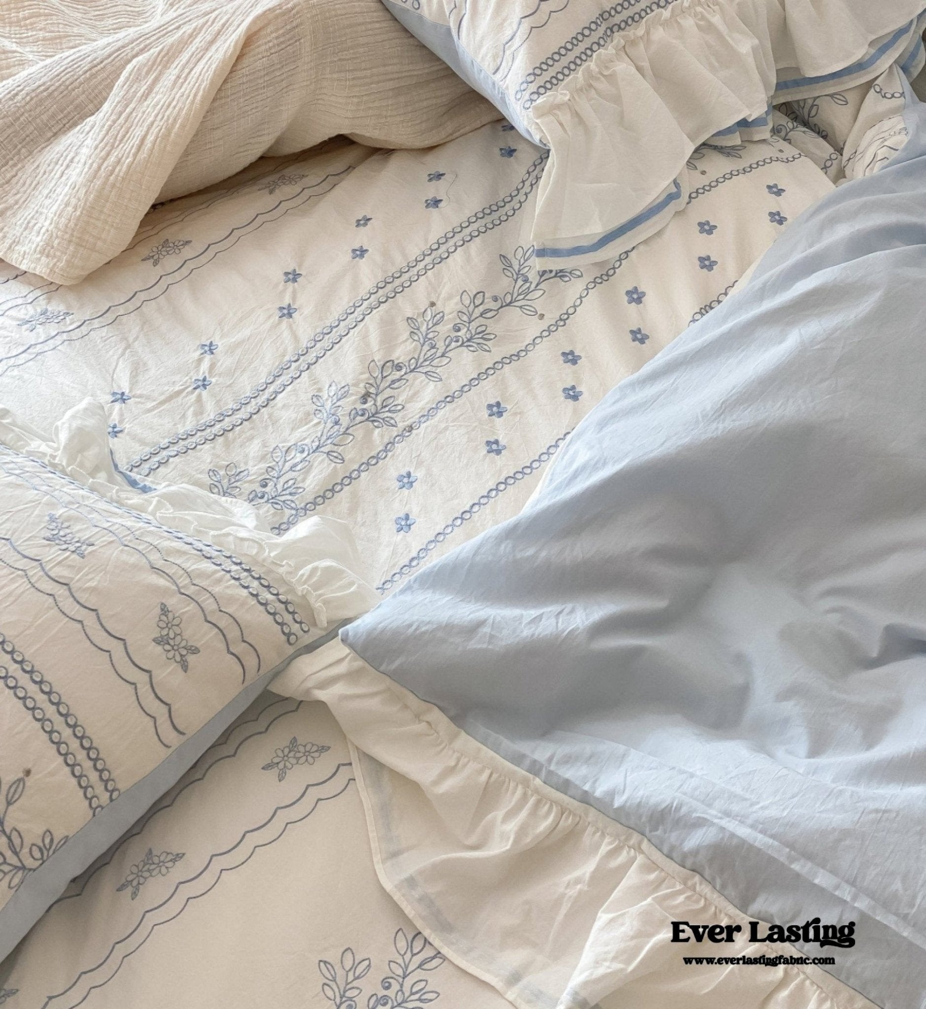 Embroidered Large Blue Ruffle Square Pillowcase