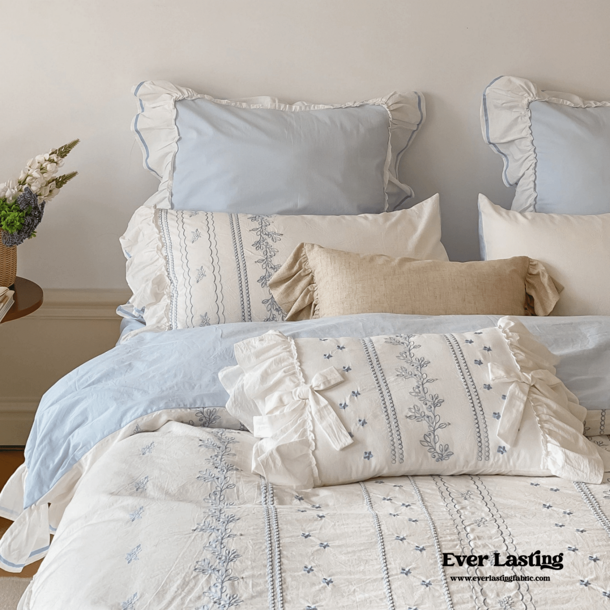 Embroidered Large Blue Ruffle Square Pillowcase