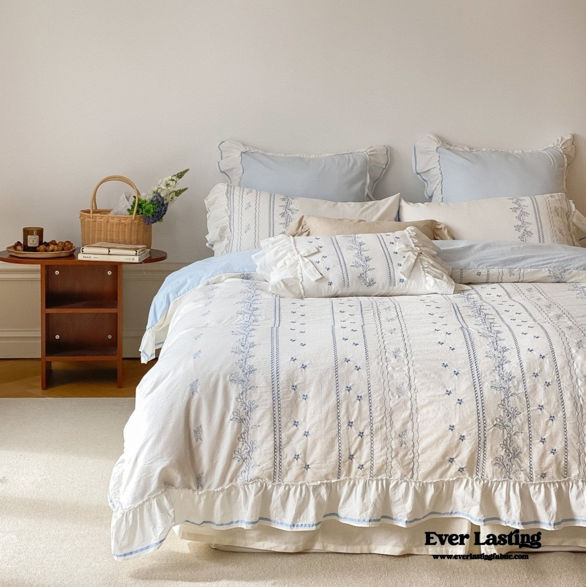 Embroidered Large Blue Ruffle Square Pillowcase