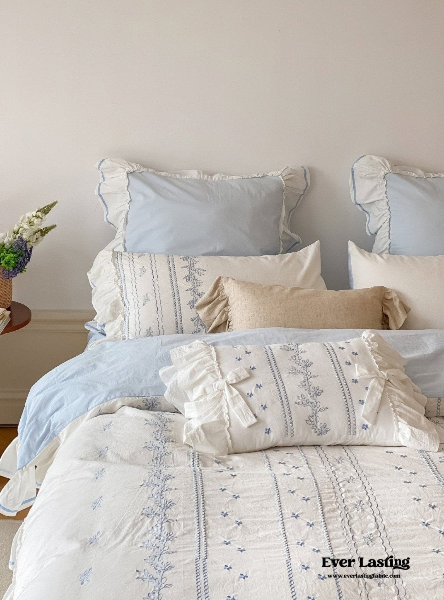 Embroidered Large Blue Ruffle Square Pillowcase