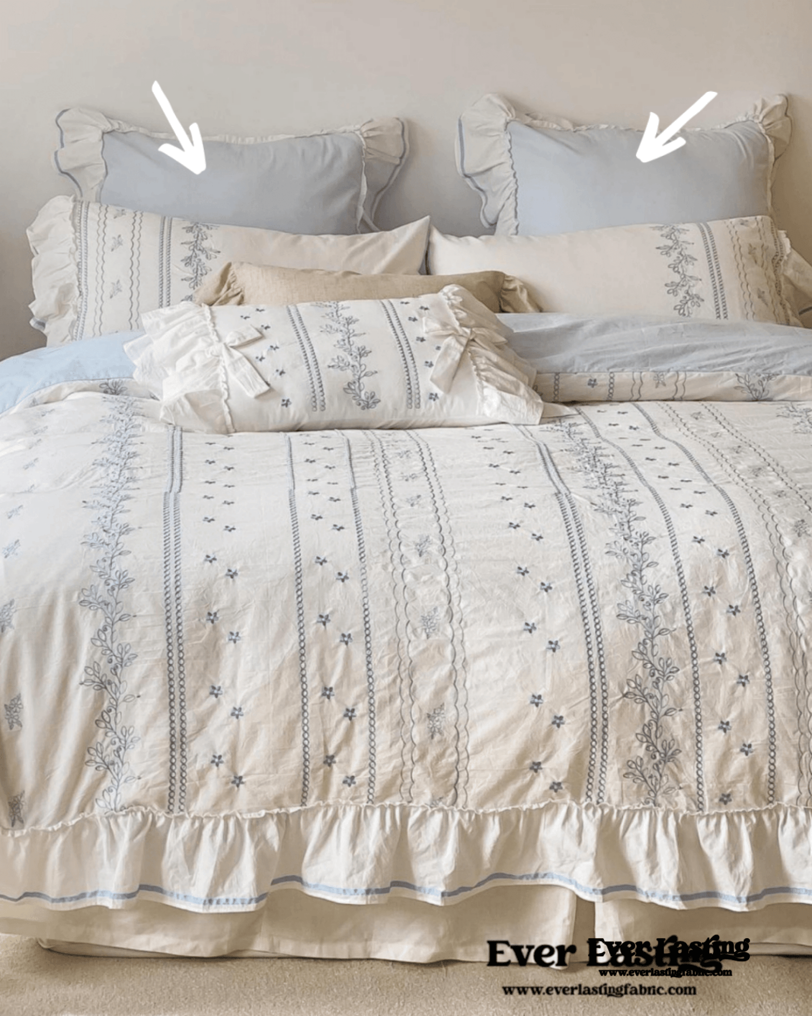 Embroidered Large Blue Ruffle Square Pillowcase