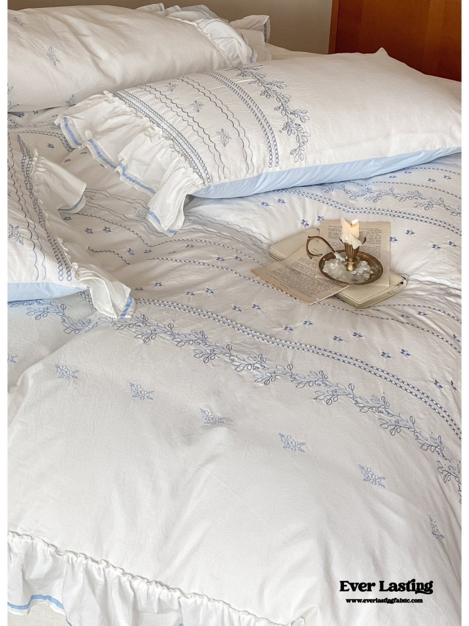 Embroidered Large Blue Ruffle Square Pillowcase