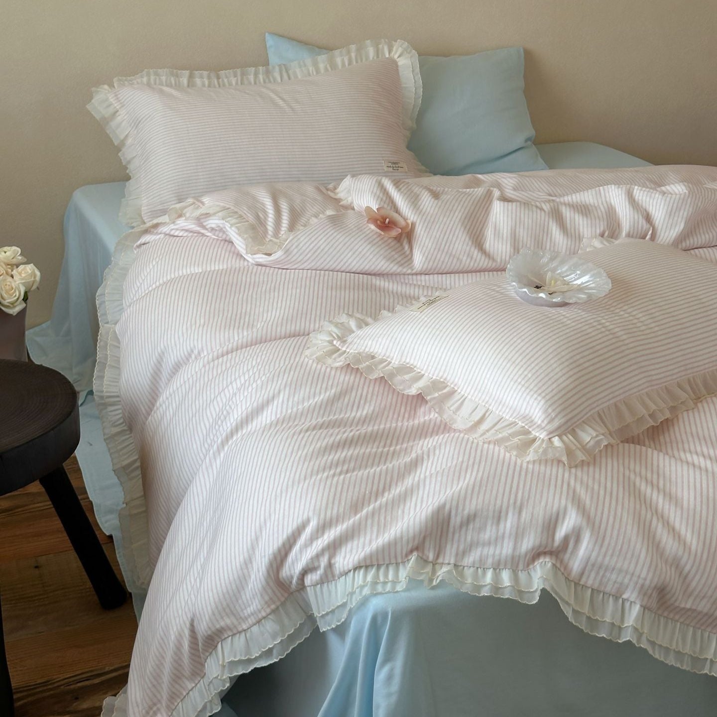 Mabel Lace Double Gauze Striped Bedding Set / Pink