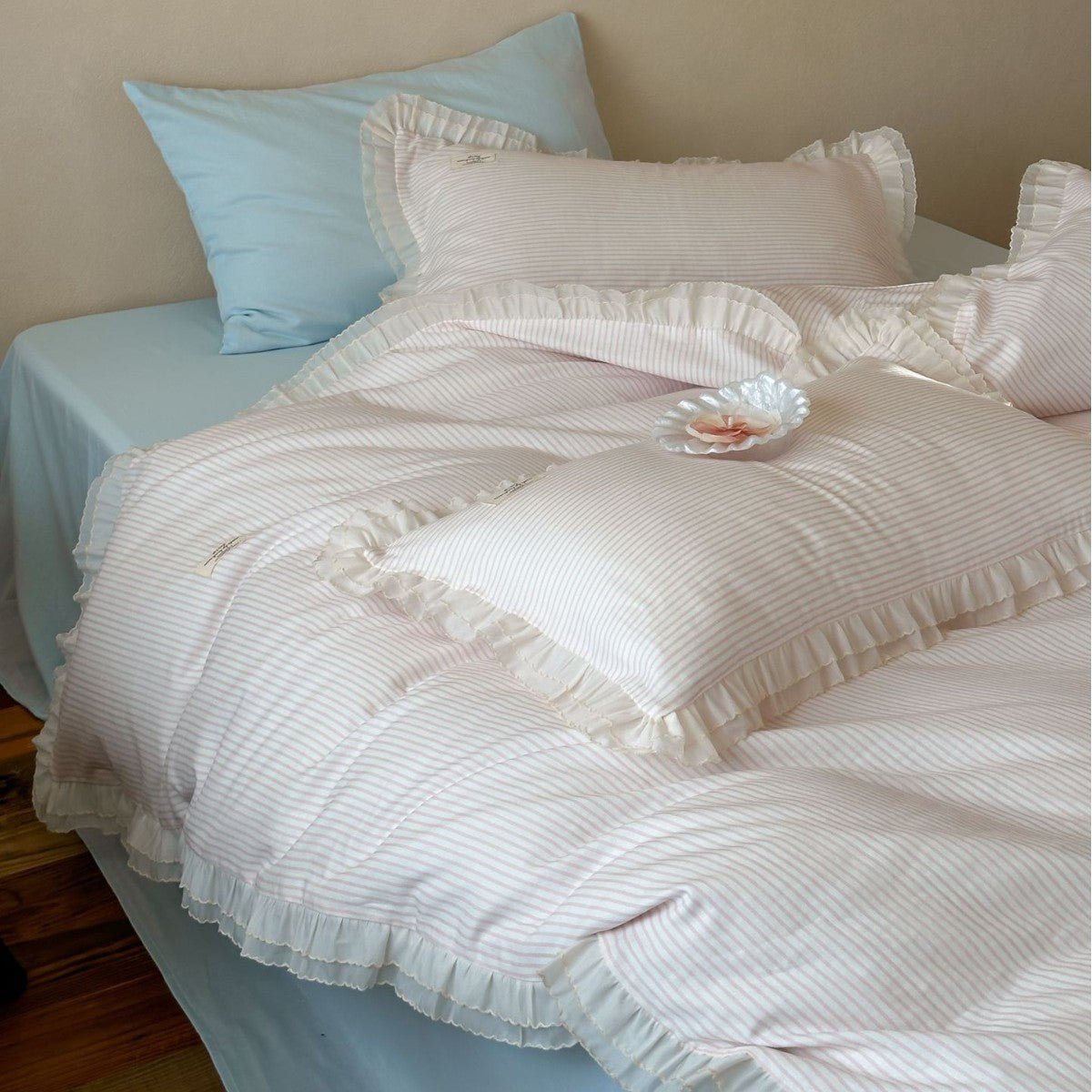 Mabel Lace Double Gauze Striped Bedding Set / Pink