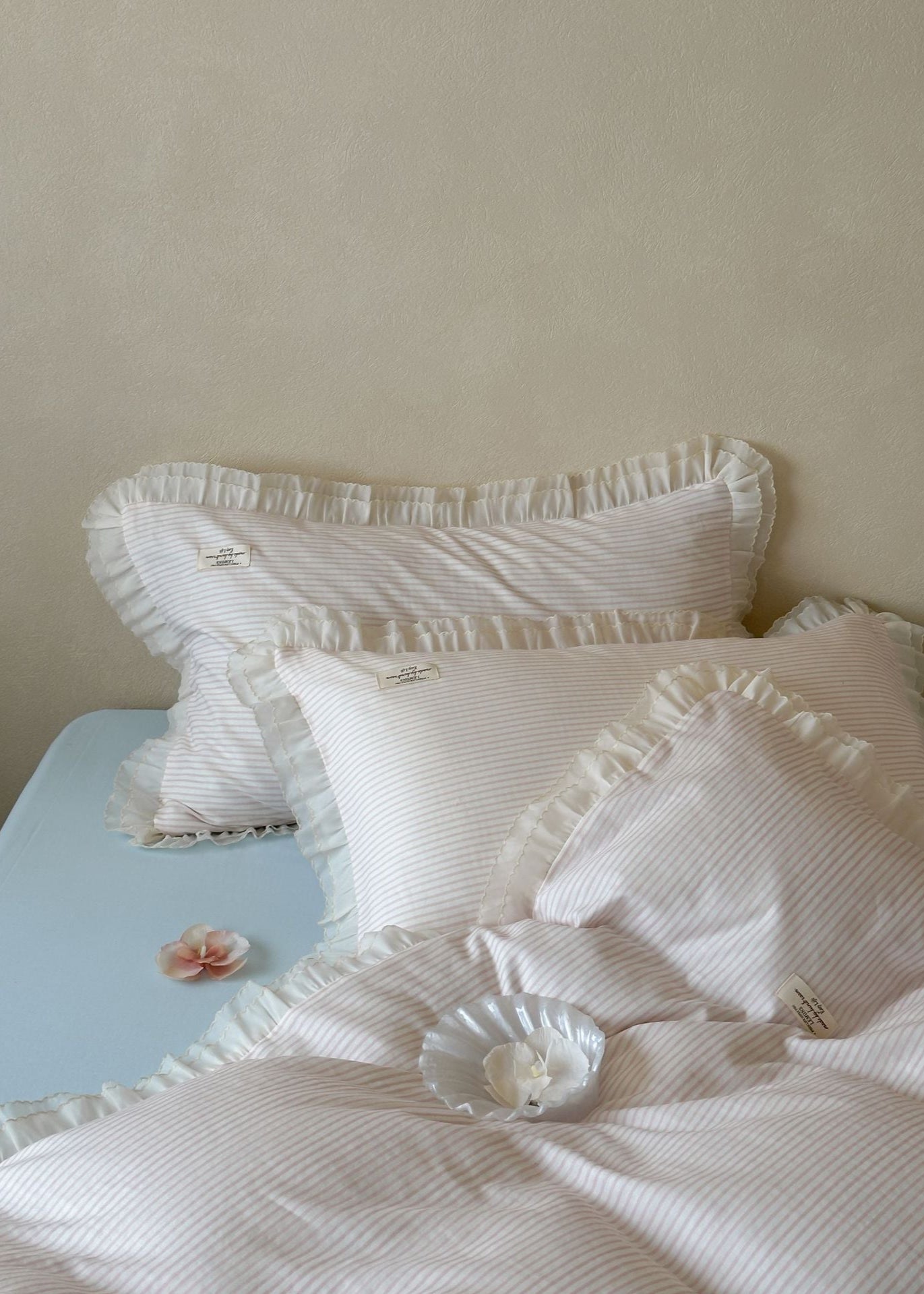 Mabel Lace Double Gauze Striped Bedding Set / Pink