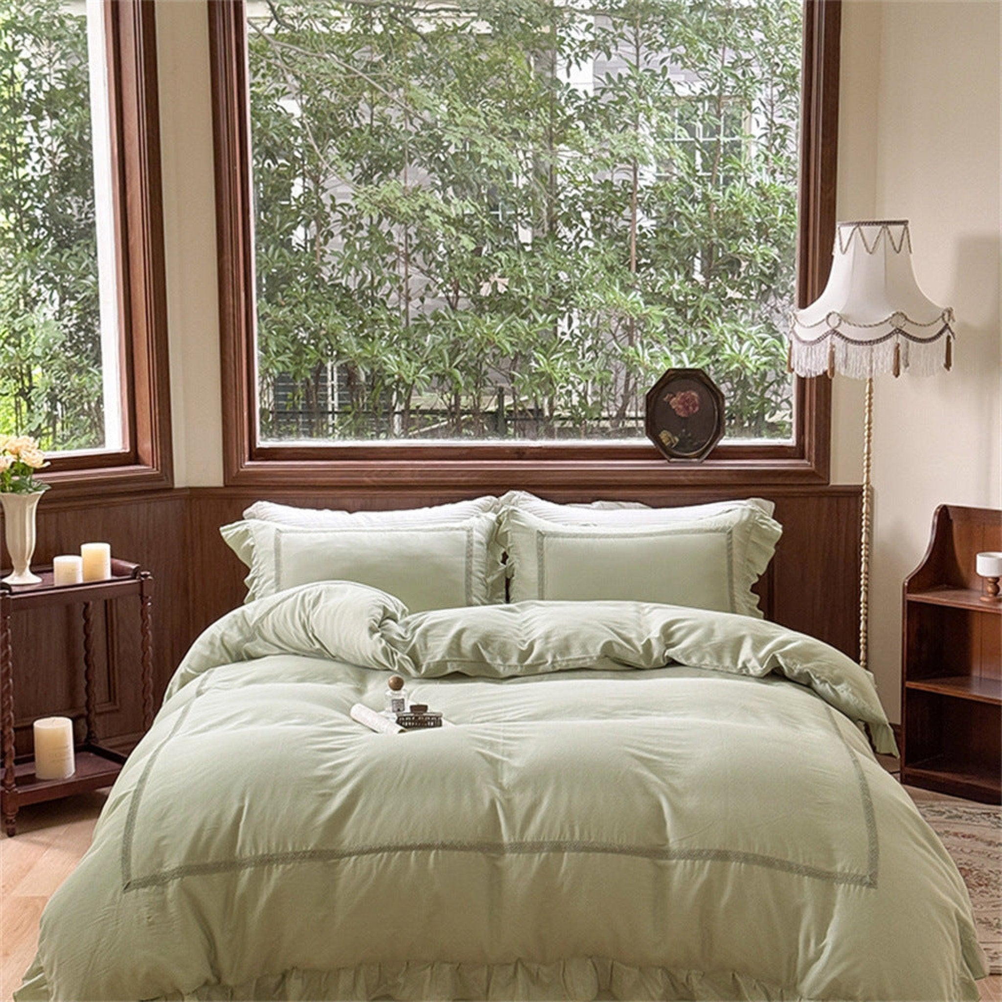 Madeleine Lace Double Gauze Ruffle Bedding Set / Green
