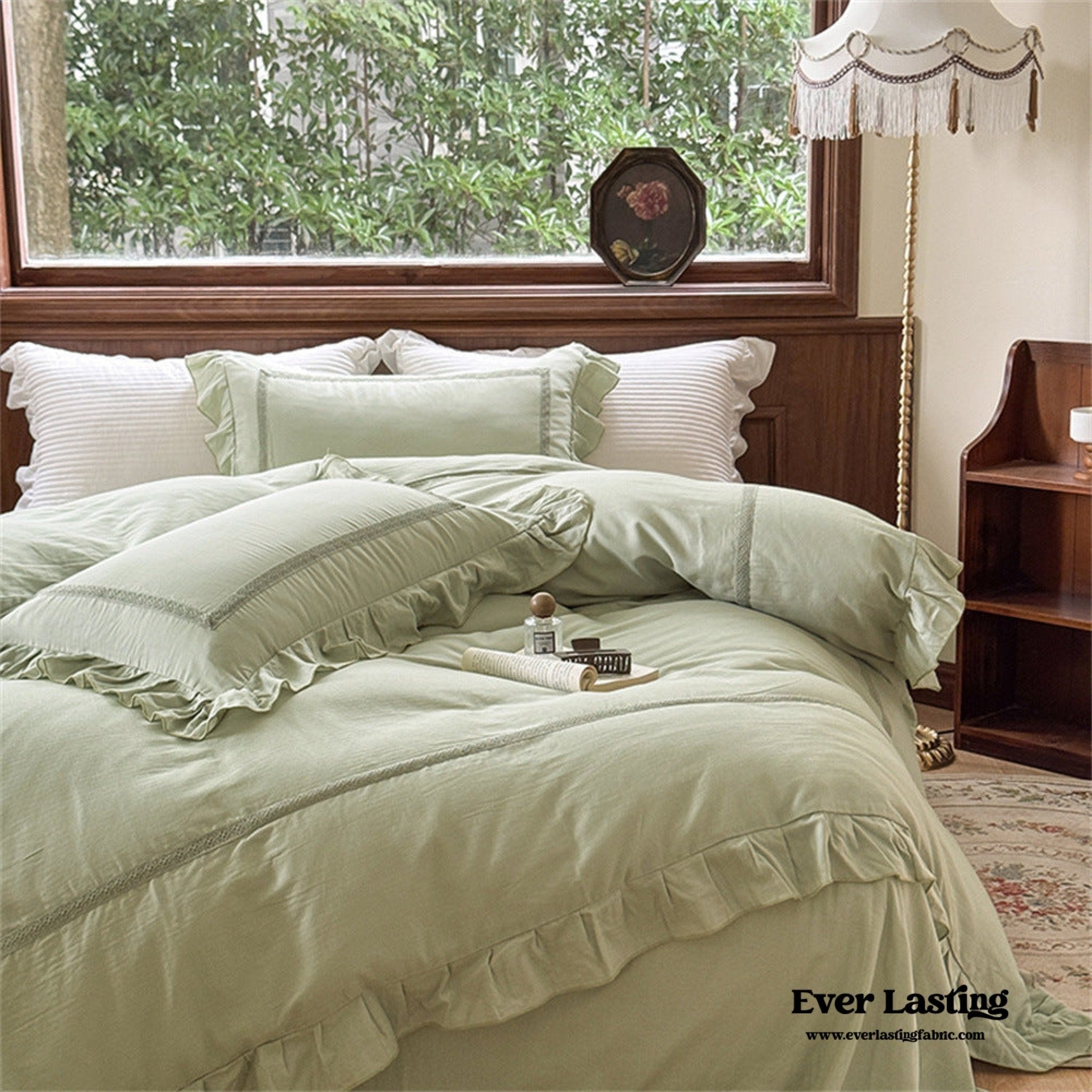 Madeleine Lace Double Gauze Ruffle Bedding Set / Green