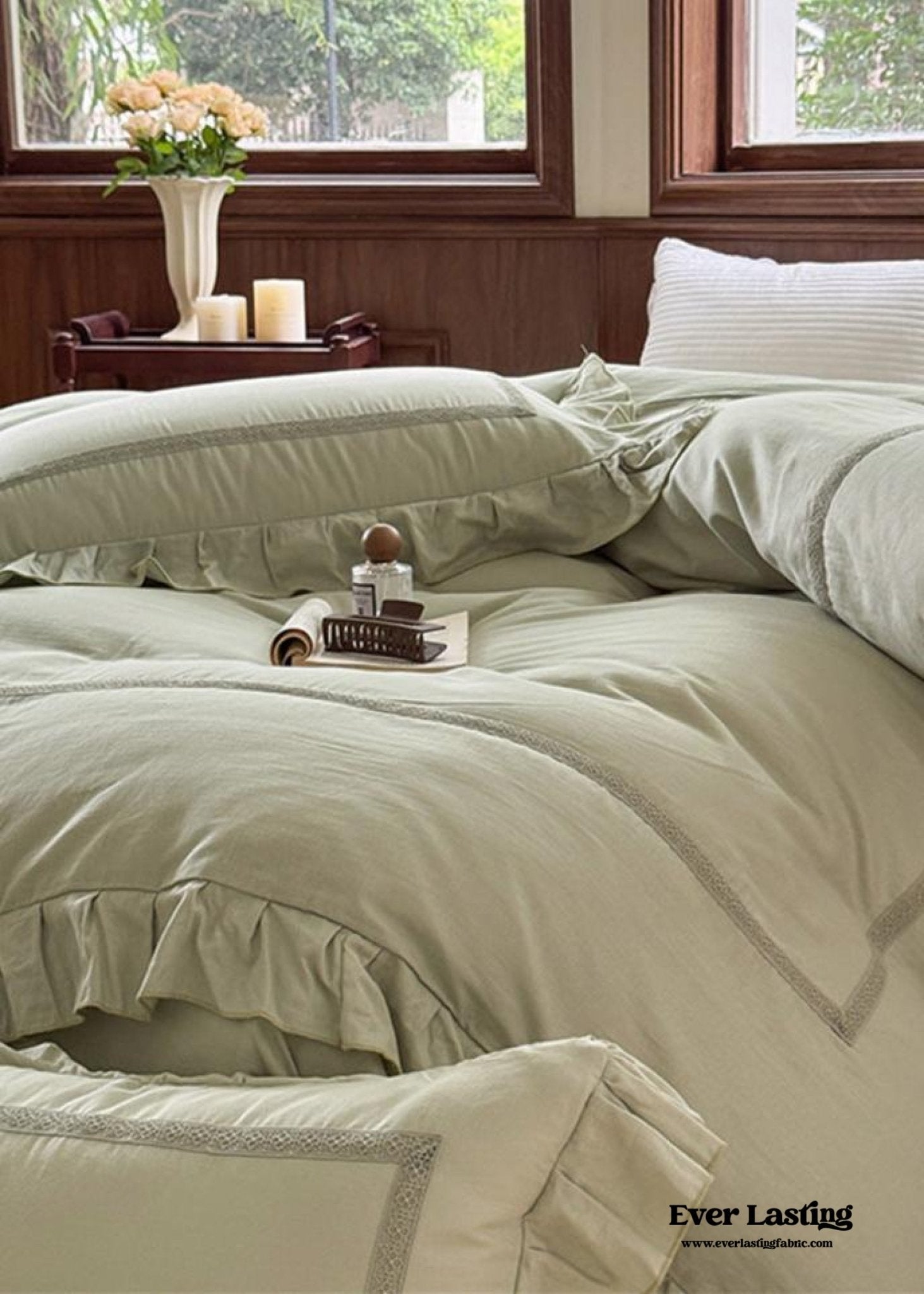 Madeleine Lace Double Gauze Ruffle Bedding Set / Green