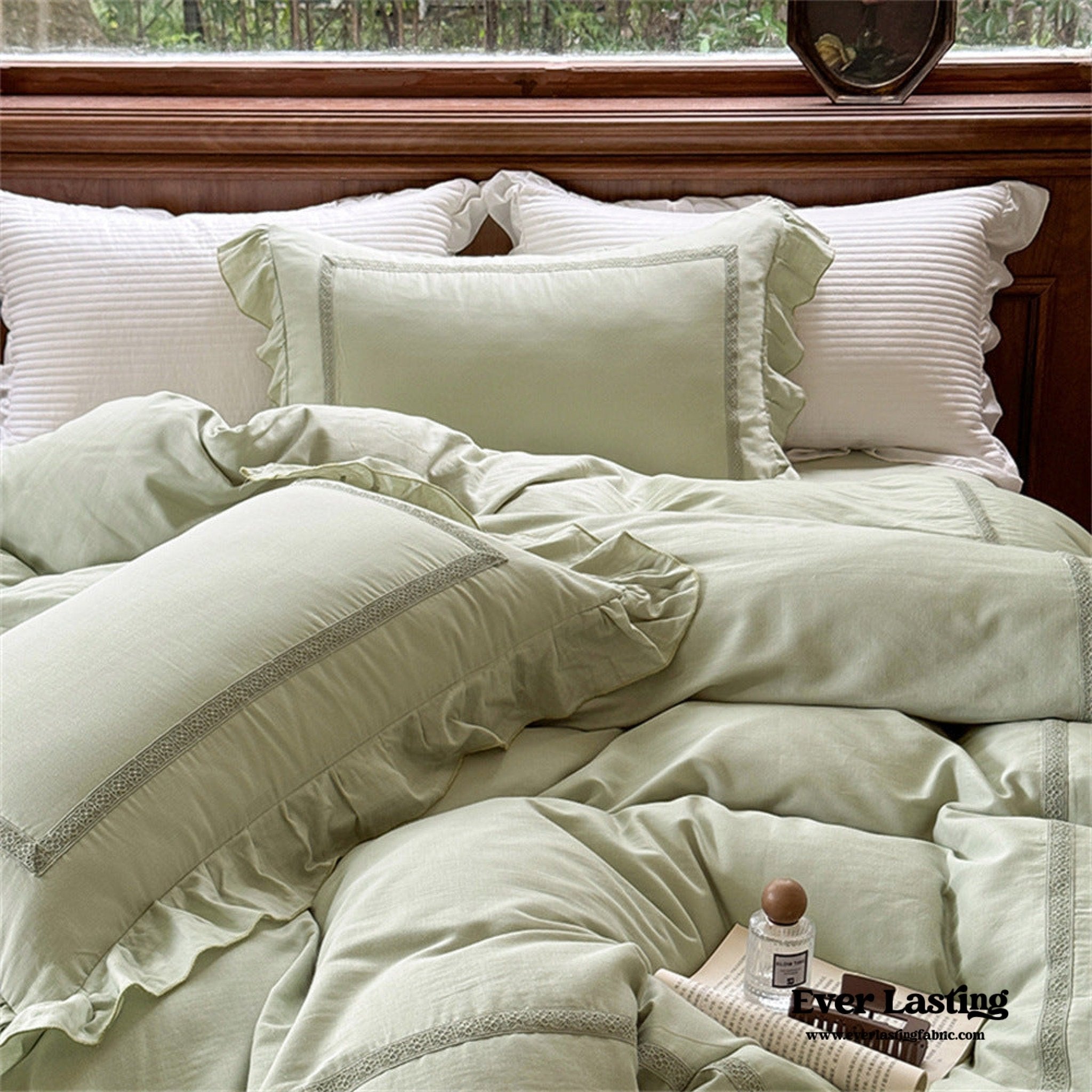 Madeleine Lace Double Gauze Ruffle Bedding Set / Green