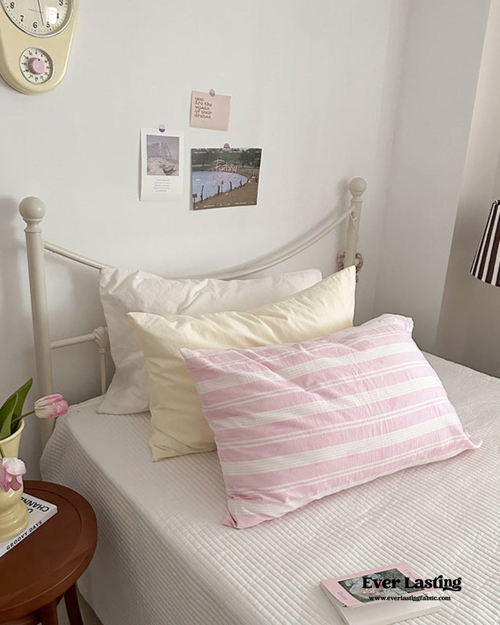 Muted Blush Cotton Pillowcase / Pink Striped