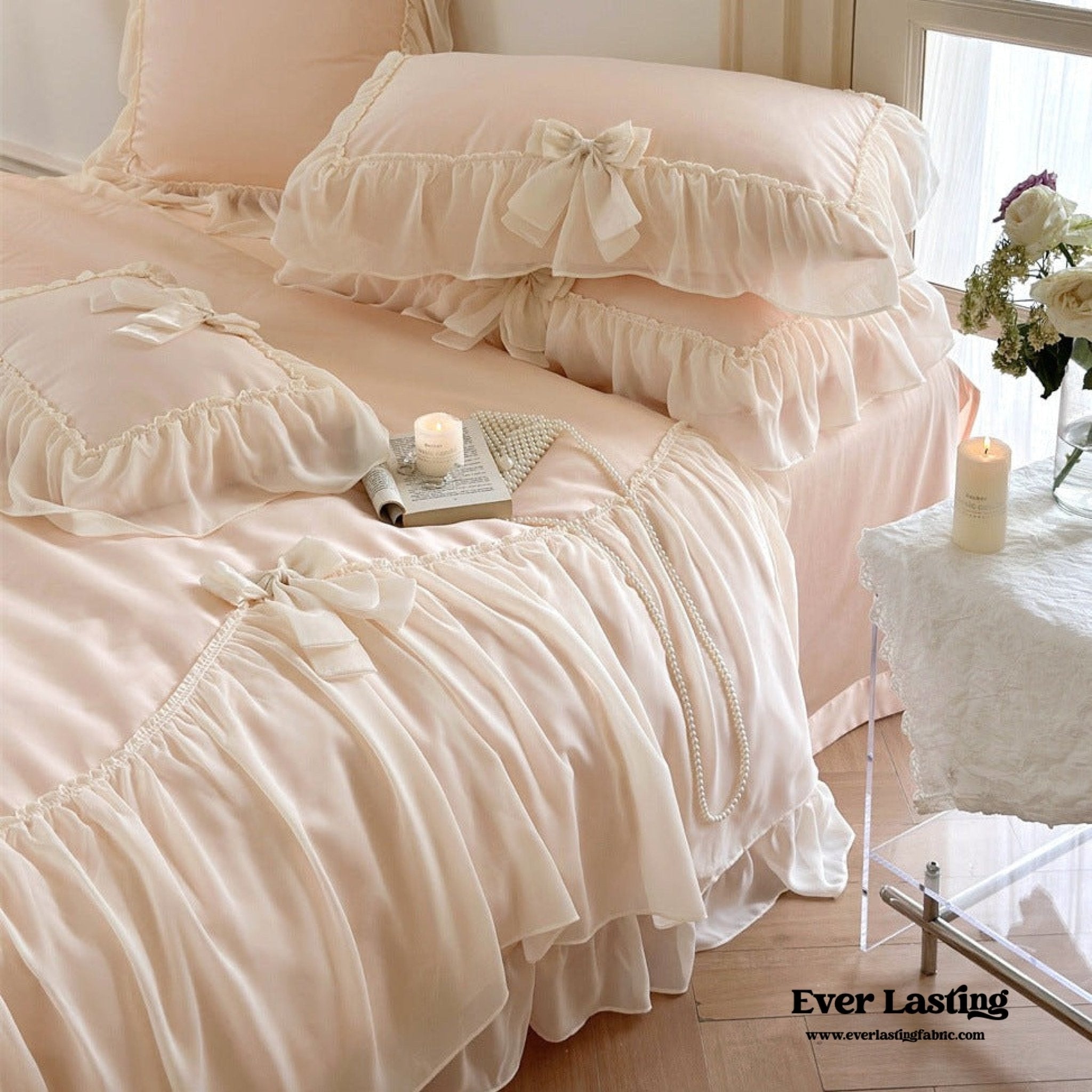 Ribbon Bow Airy Lace Bedding Set / Blue