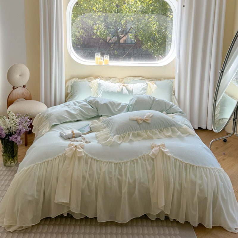 Ribbon Bow Airy Lace Bedding Set / Blue