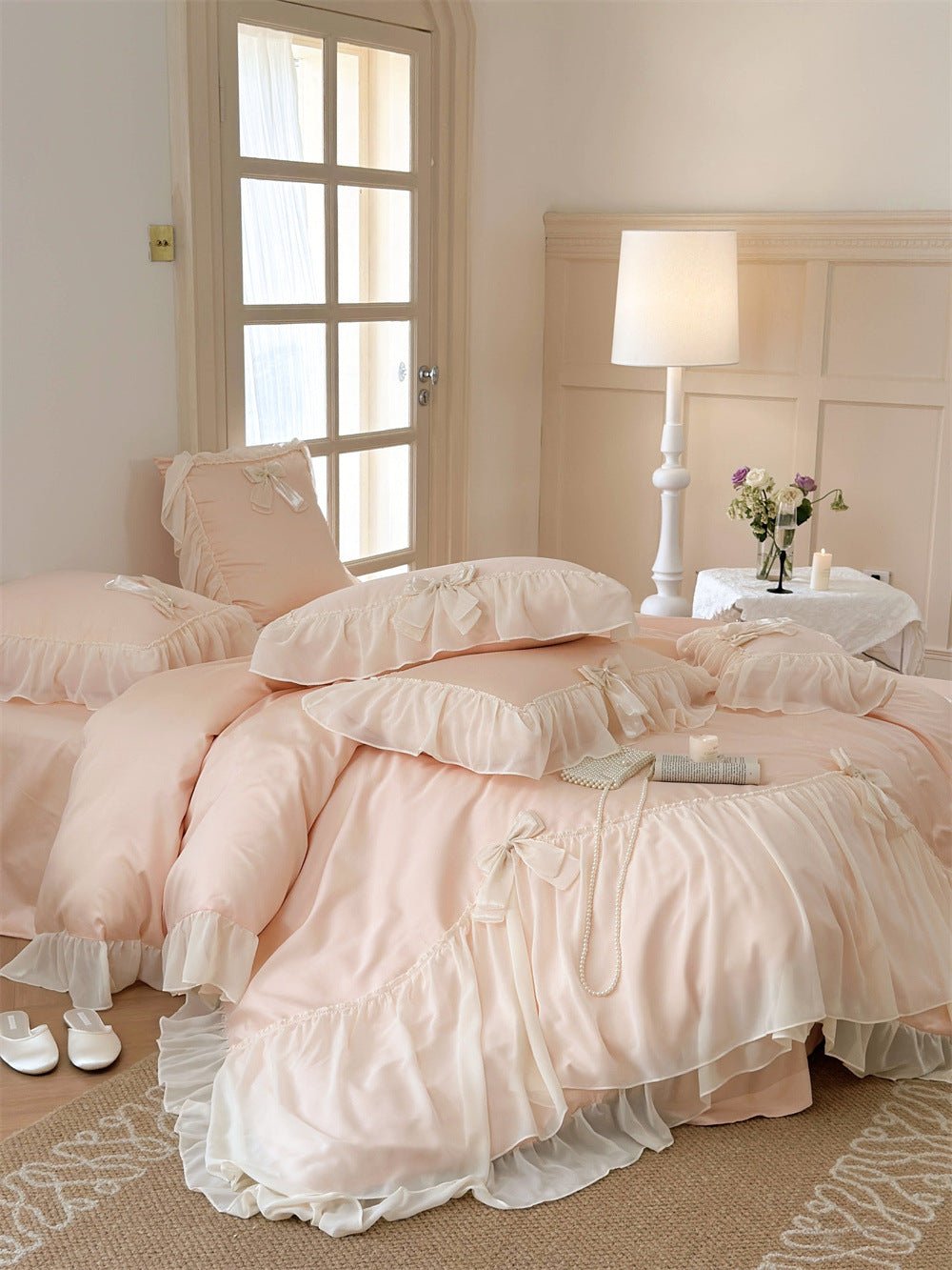 Ribbon Bow Airy Lace Bedding Set / Cream White