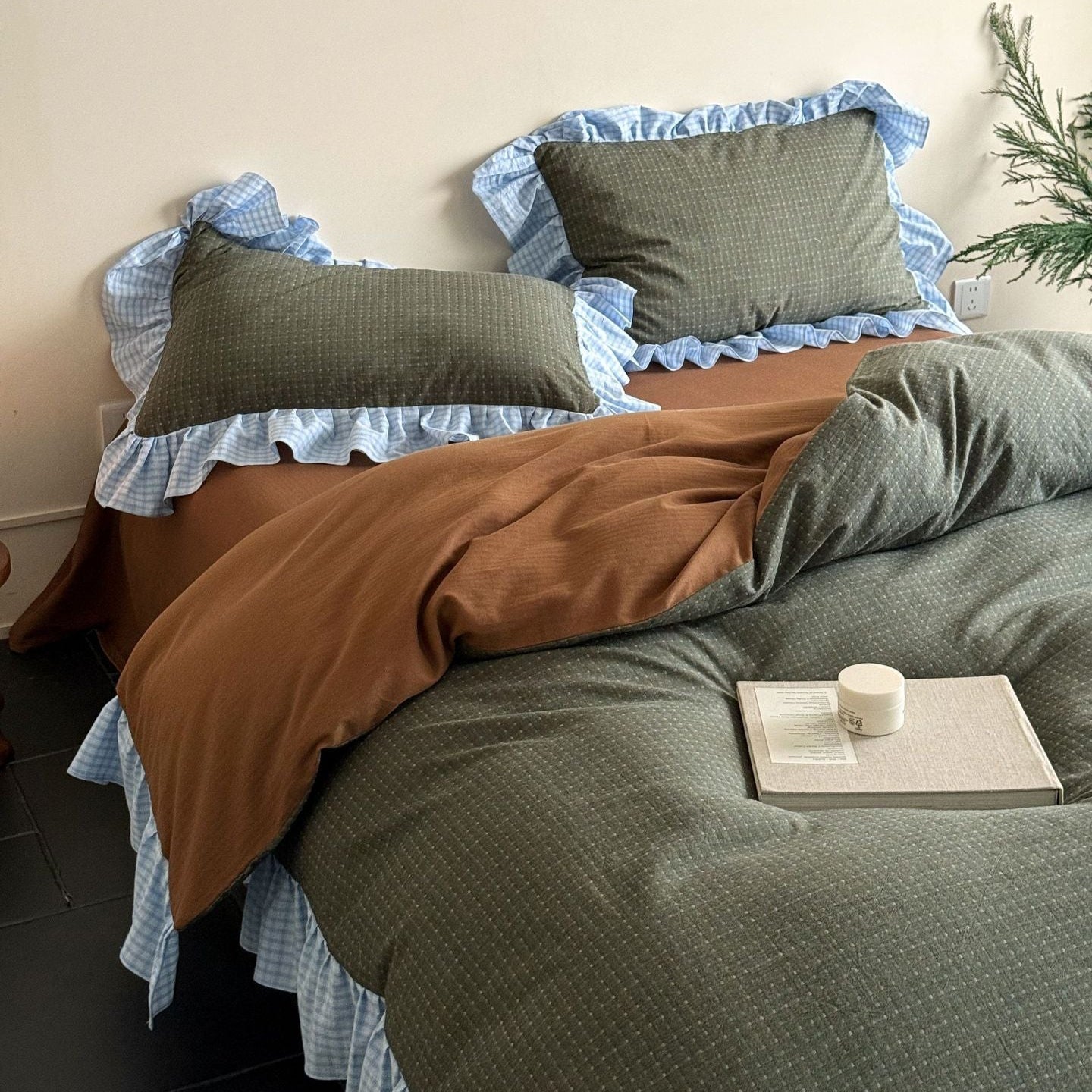 Sadie Gingham Lace Ruffle Bedding Set / Green