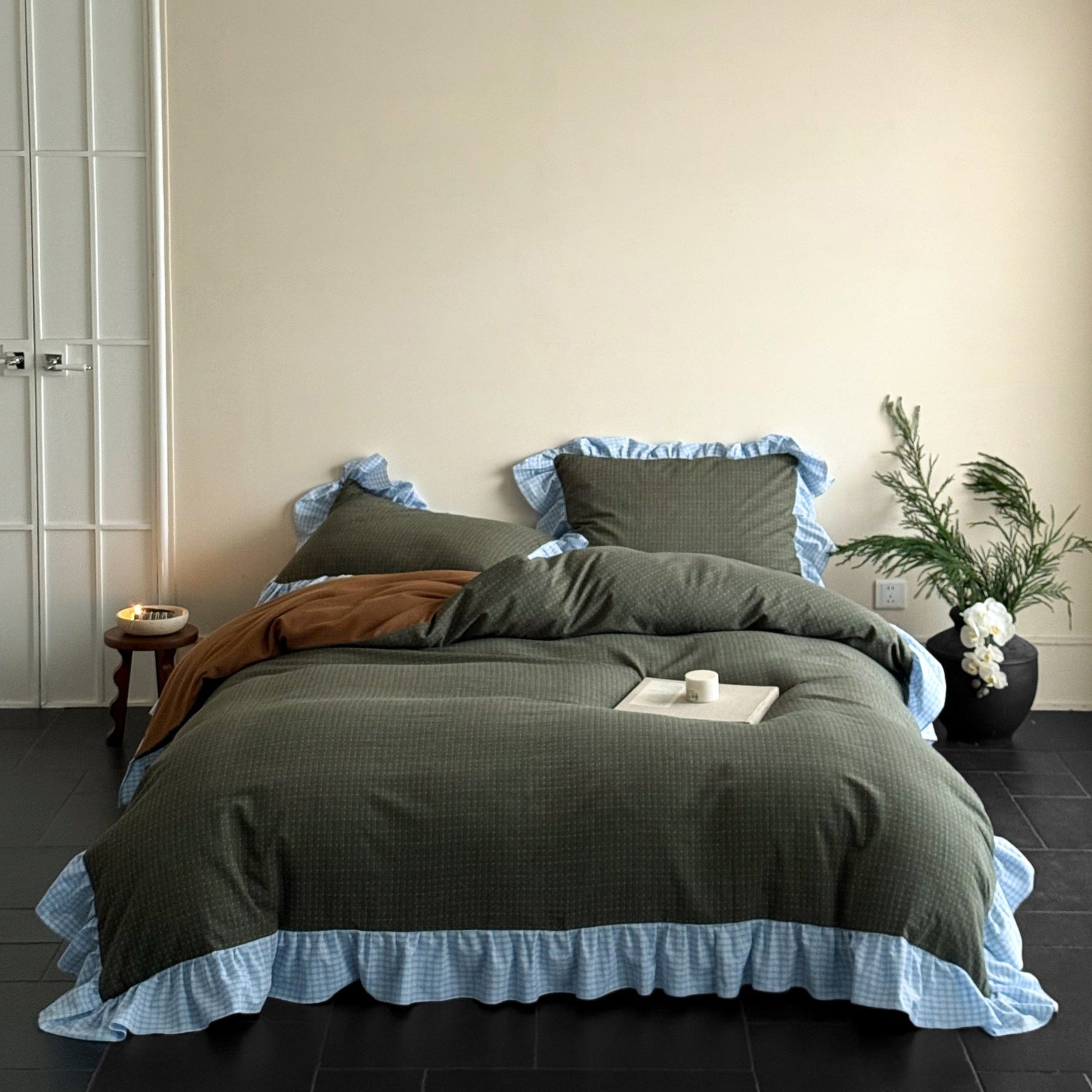 Sadie Gingham Lace Ruffle Bedding Set / Green