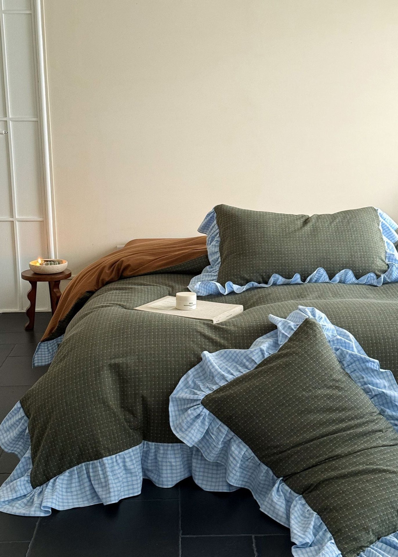 Sadie Gingham Lace Ruffle Bedding Set / Green