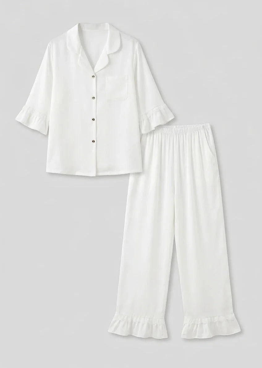 Silky Lace Ruffle Long Sleeves and Pants Pajama Set / White