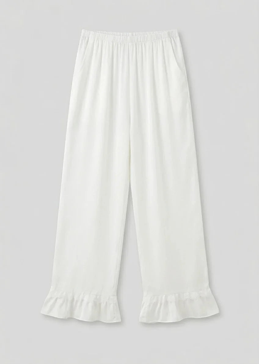 Silky Lace Ruffle Long Sleeves and Pants Pajama Set / White