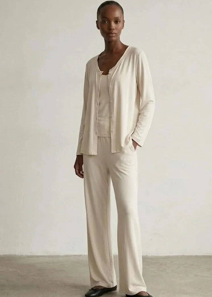 Solid Ruffle V Tank and Long Pants with Cardigan Modal Pajama Set