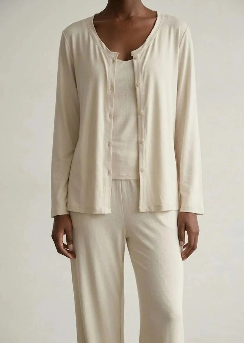 Solid Ruffle V Tank and Long Pants with Cardigan Modal Pajama Set