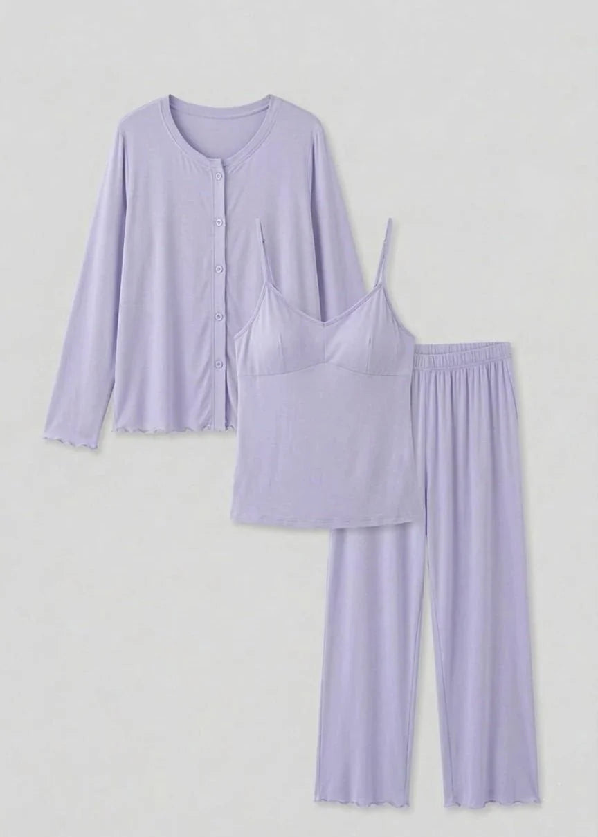 Solid Ruffle V Tank and Long Pants with Cardigan Modal Pajama Set