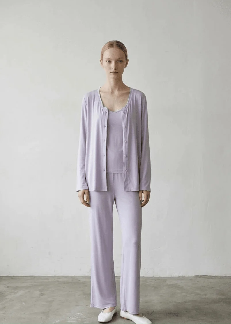 Solid Ruffle V Tank and Long Pants with Cardigan Modal Pajama Set