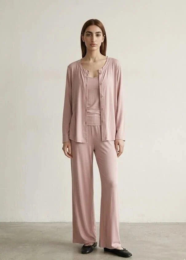 Solid Ruffle V Tank and Long Pants with Cardigan Modal Pajama Set
