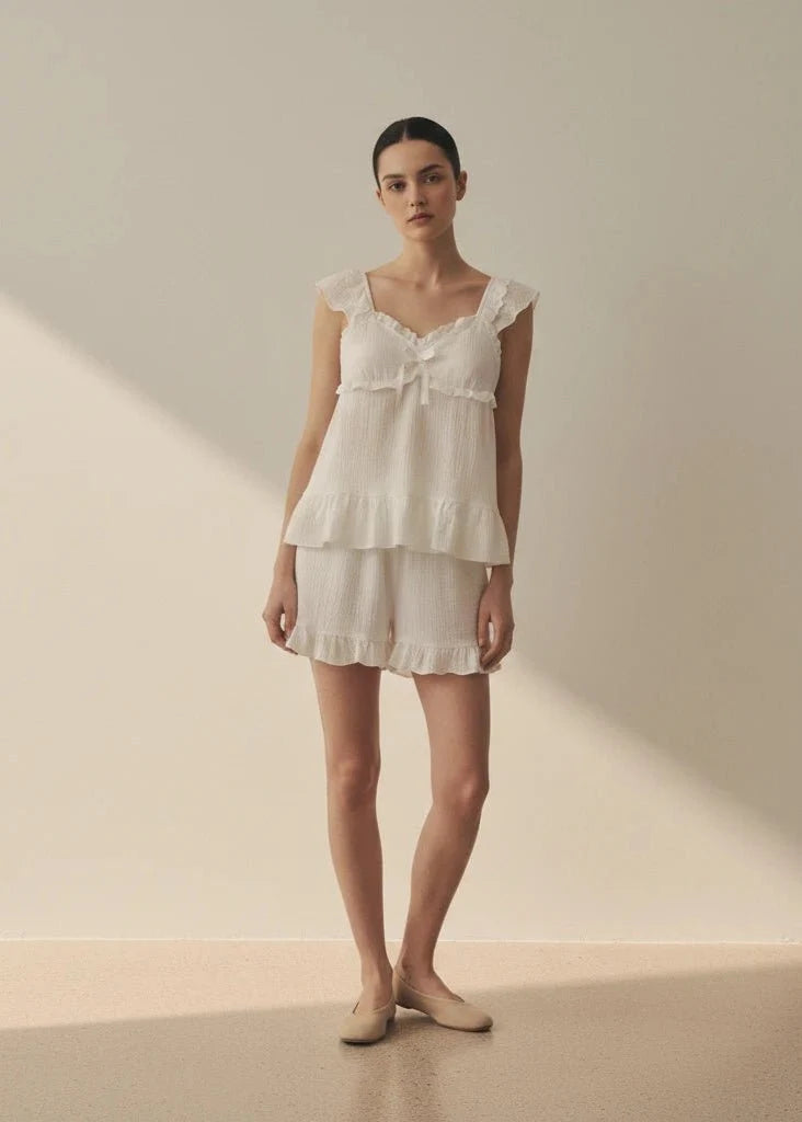 Sweet Ruffle Shorts Pajama Set / White
