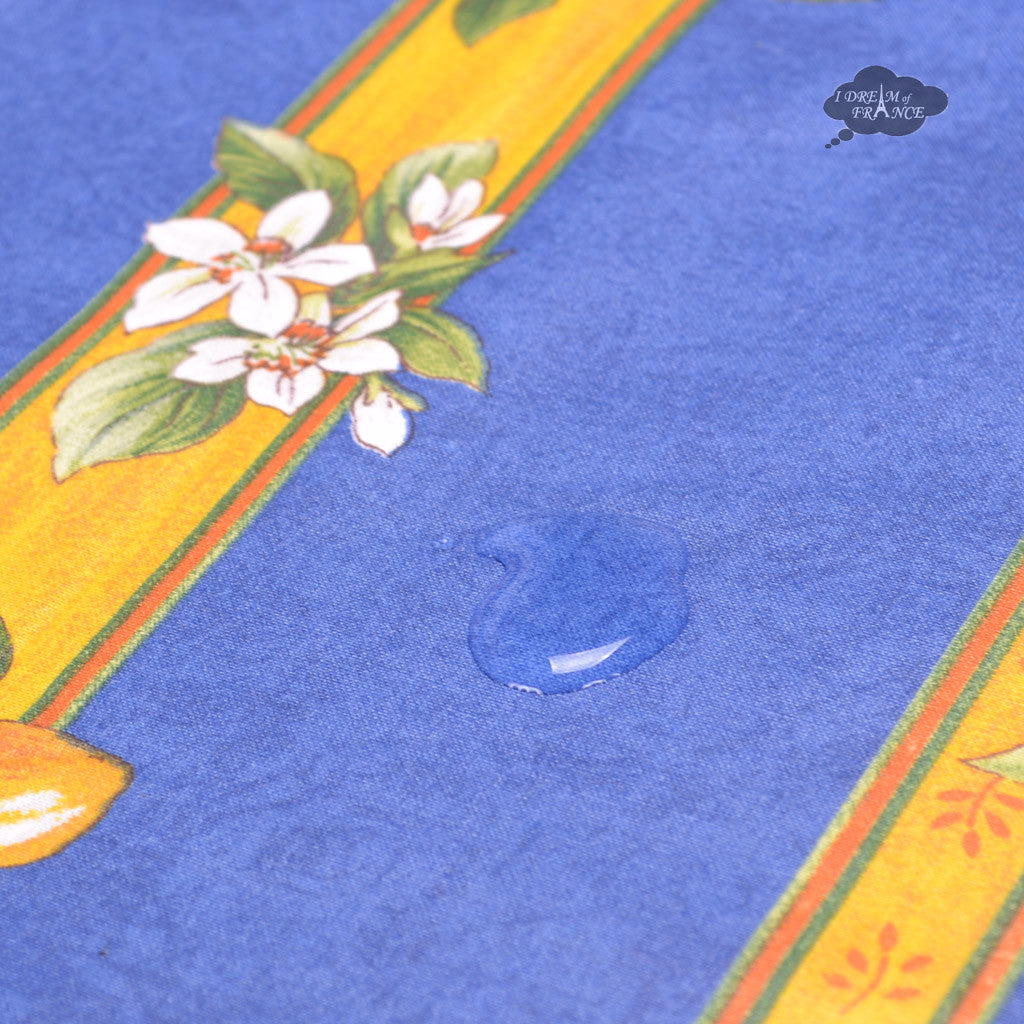 60x78" Rectangular Lemons Blue Acrylic-Coated Cotton Tablecloth by Tissus Toselli