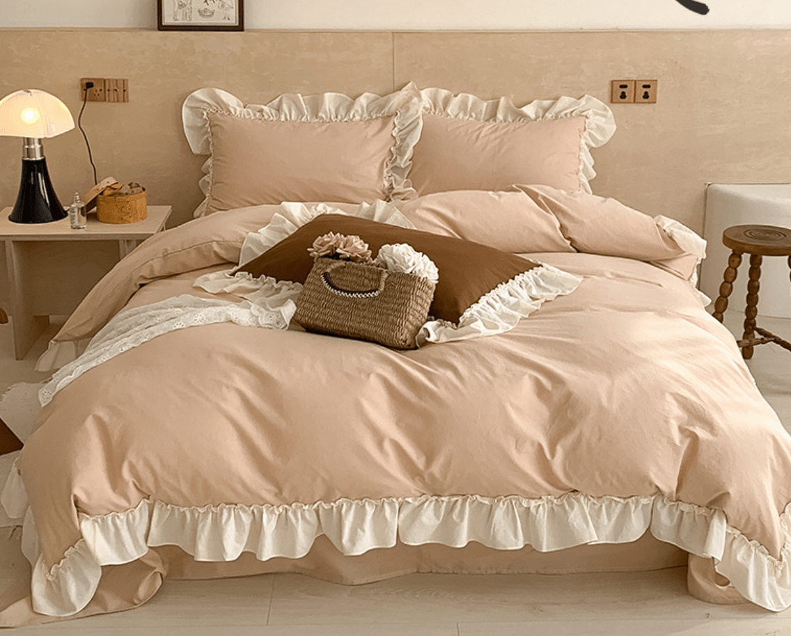 Vintage Earth Tone Large Ruffle Bedding Set / Pink