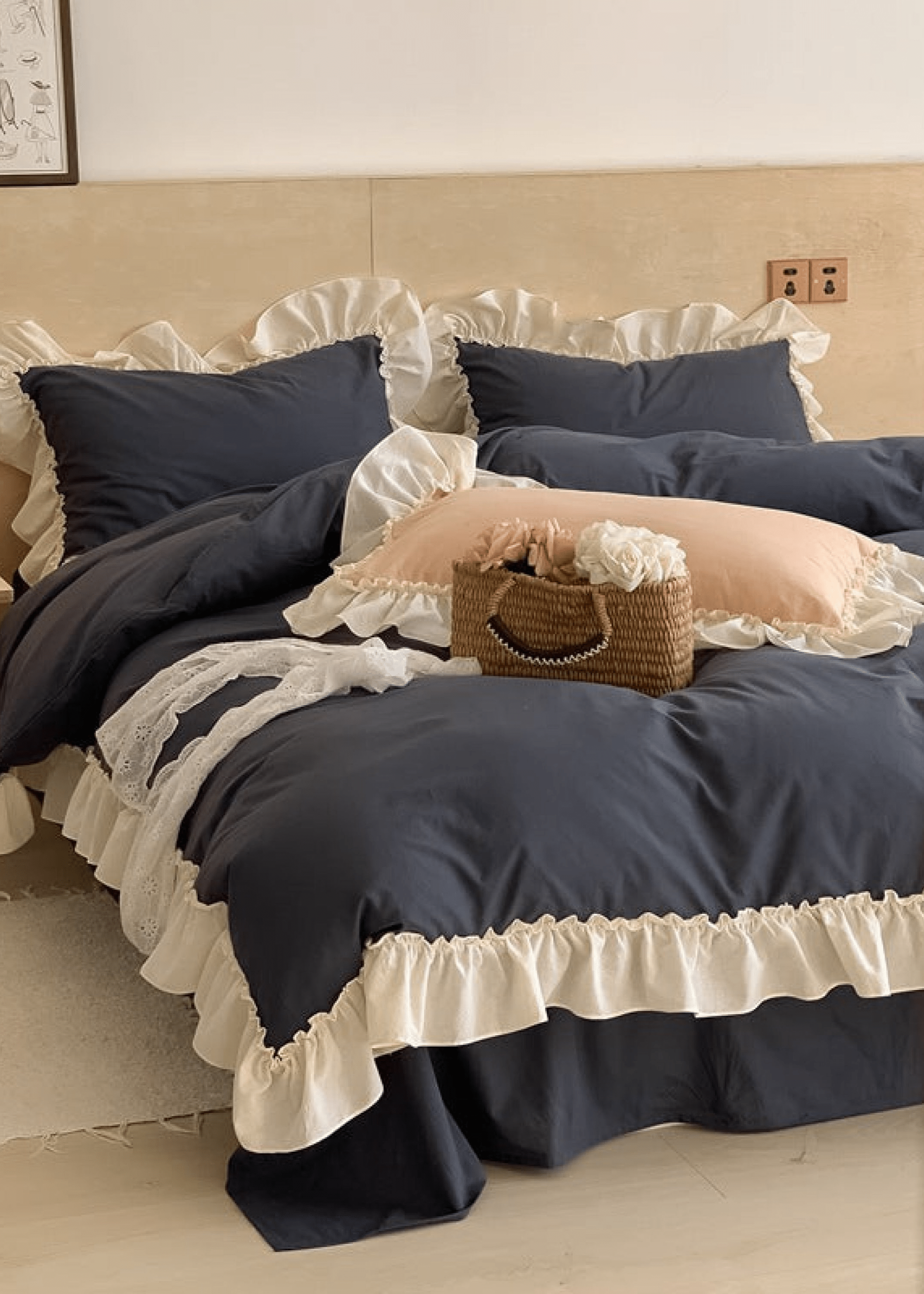 Vintage Earth Tone Large Ruffle Bedding Set / Pink